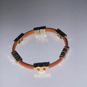 TORY BURCH Orange Leather and Goldtone Brass Serif T Stackable Leather Bracelet